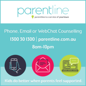 Parentline image with phone number, email and website
